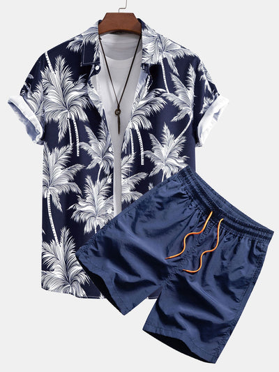 Palm Tree Print Button Up Shirt & Swim Shorts
