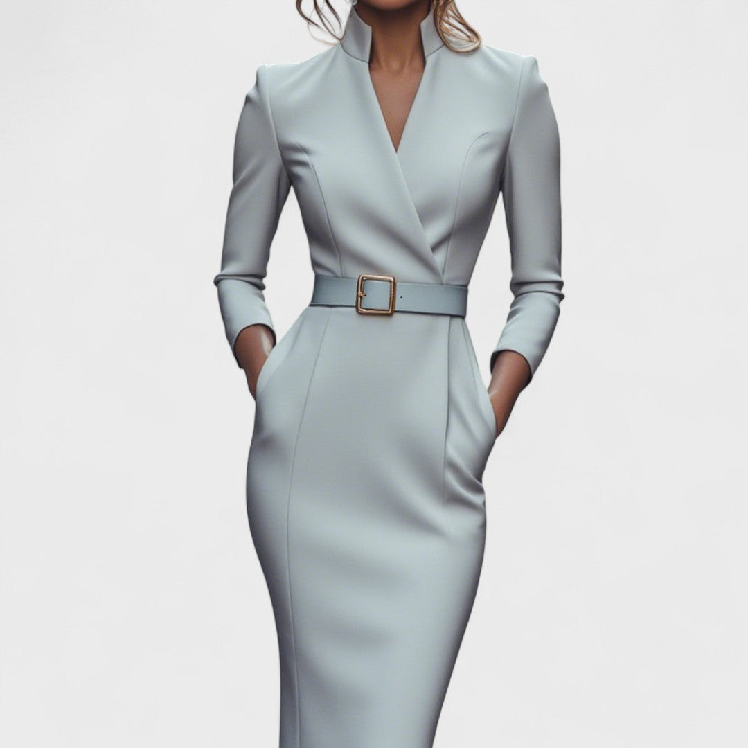 Irielle™ - Elegant Dress with Belt and Mao Collar
