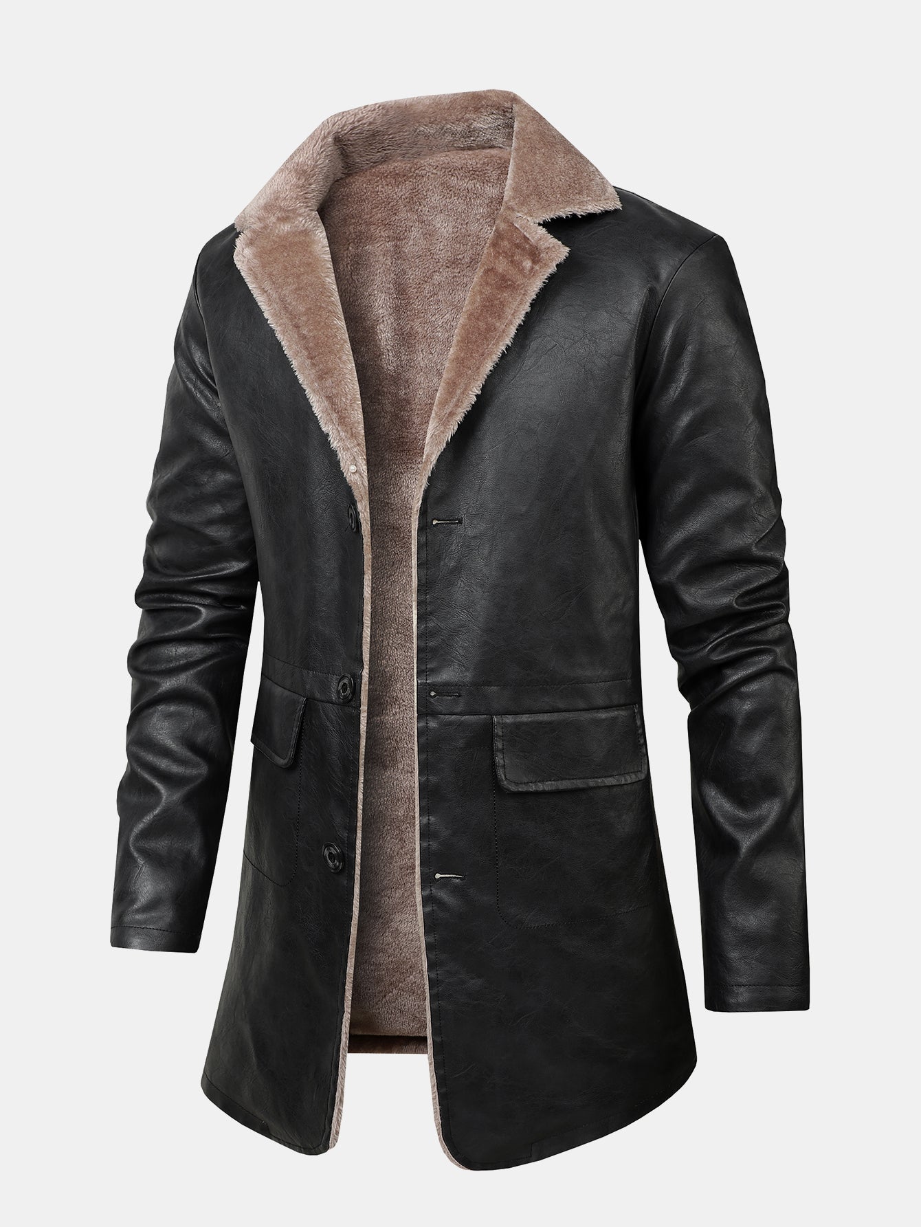 Faux Fur Lined Long Line PU Leather Coat