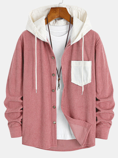 Long Sleeved Waffle Corduroy Contrast Hooded Shirt