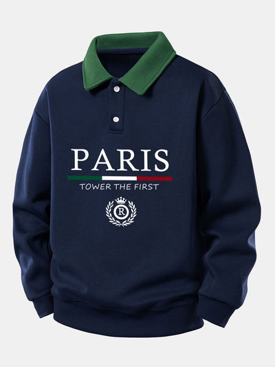 Relax Fit Paris Print Contrast Polo Sweatshirt