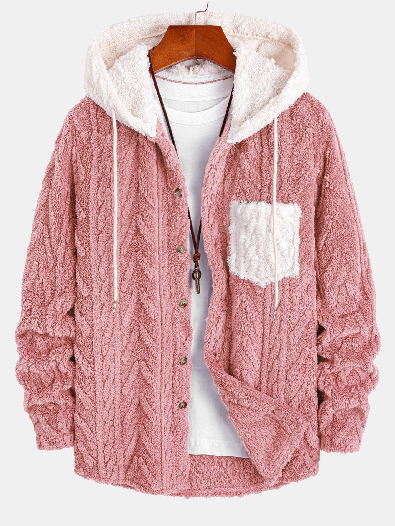 Contrast Geometric Jacquard Teddy Hooded Shirt