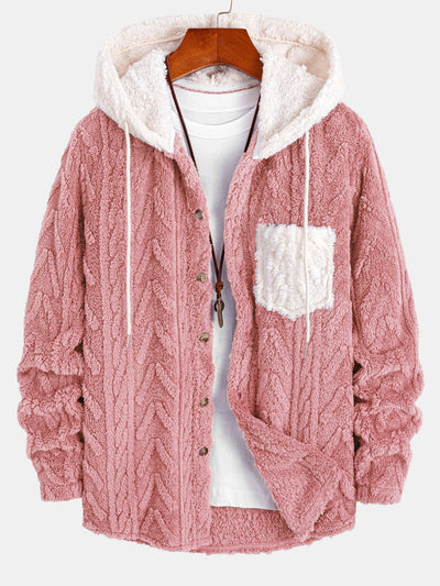 Contrast Geometric Jacquard Teddy Hooded Shirt