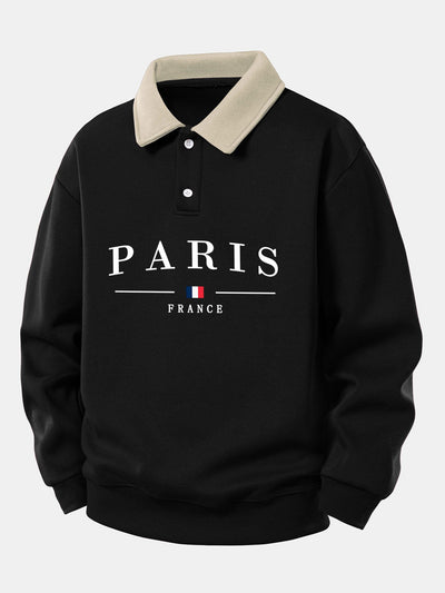 Relax Fit Paris France Print Contrast Polo Sweatshirt