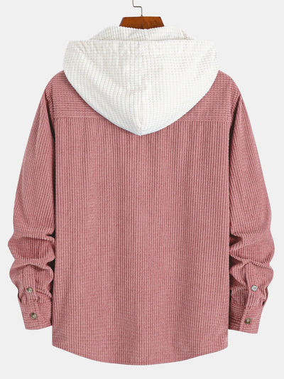 Long Sleeved Waffle Corduroy Contrast Hooded Shirt