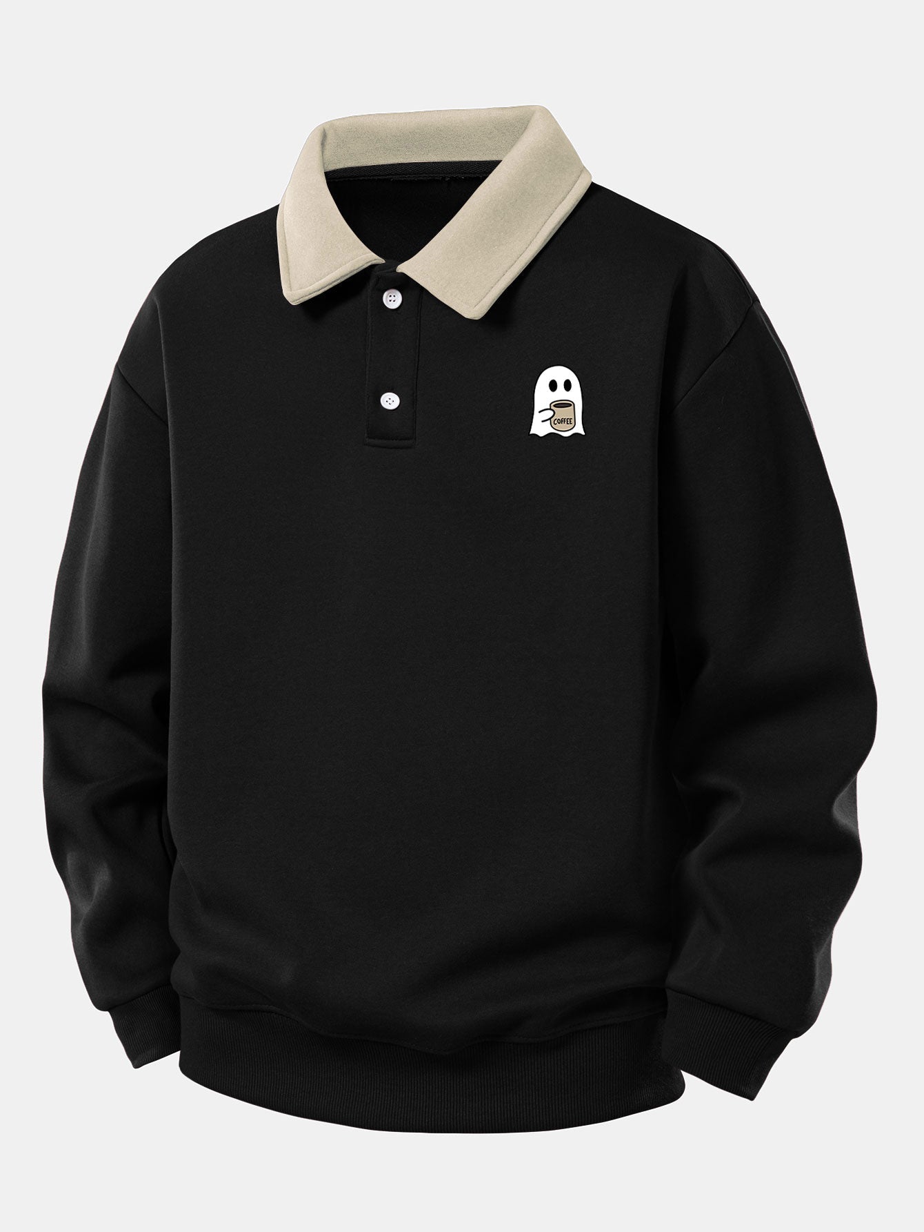 Relax Fit Ghost Drinking Coffee Print Contrast Polo Sweatshirt