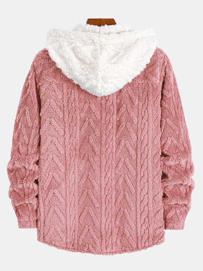 Contrast Geometric Jacquard Teddy Hooded Shirt