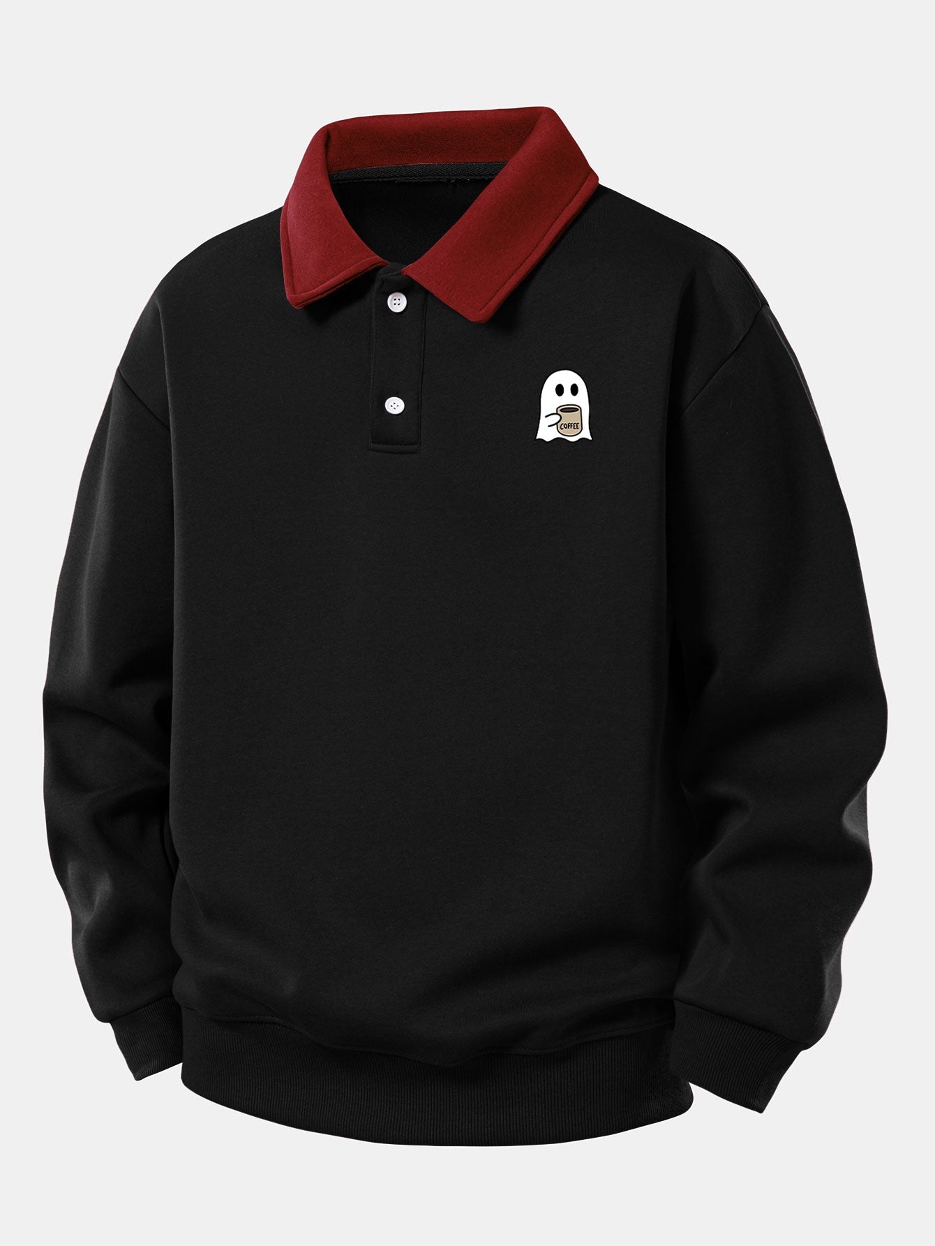 Relax Fit Ghost Drinking Coffee Print Contrast Polo Sweatshirt