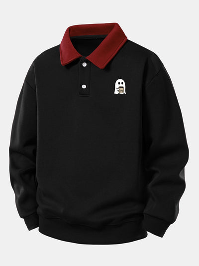 Relax Fit Ghost Drinking Coffee Print Contrast Polo Sweatshirt