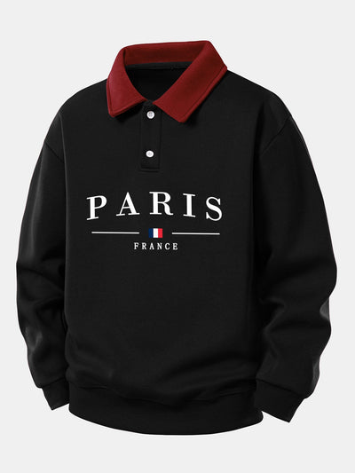 Relax Fit Paris France Print Contrast Polo Sweatshirt