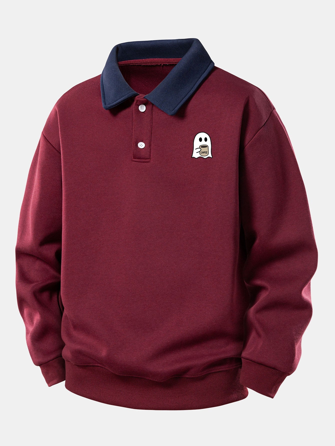 Relax Fit Ghost Drinking Coffee Print Contrast Polo Sweatshirt