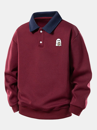 Relax Fit Ghost Drinking Coffee Print Contrast Polo Sweatshirt