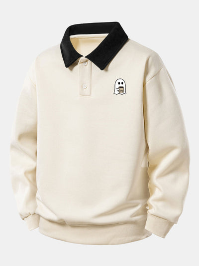 Relax Fit Ghost Drinking Coffee Print Contrast Polo Sweatshirt