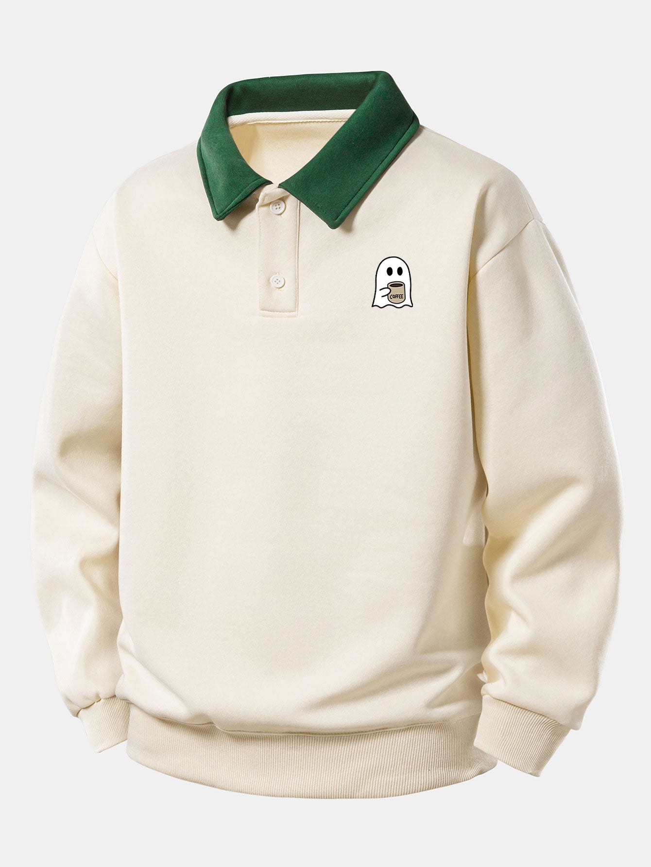 Relax Fit Ghost Drinking Coffee Print Contrast Polo Sweatshirt