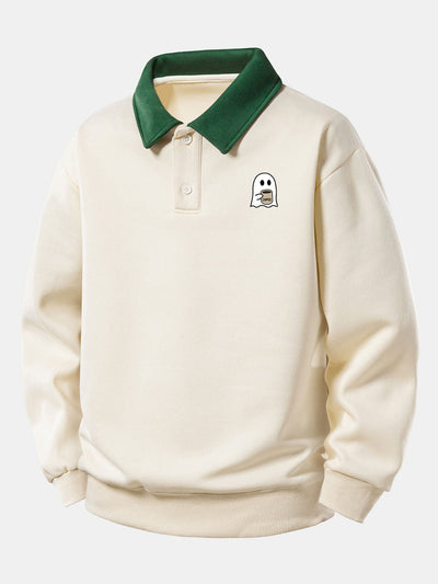 Relax Fit Ghost Drinking Coffee Print Contrast Polo Sweatshirt