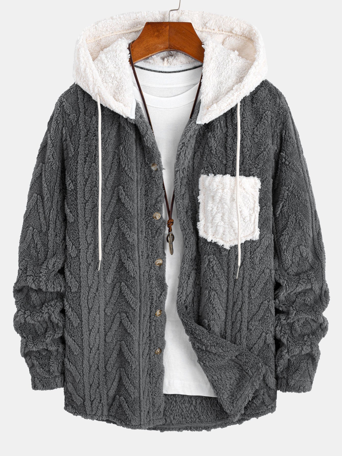 Contrast Geometric Jacquard Teddy Hooded Shirt
