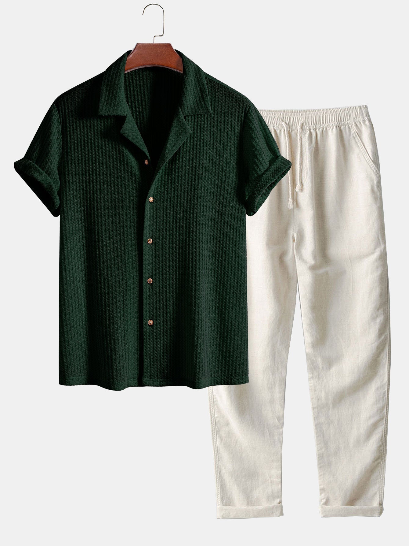 Riviera Knitted Waffle Cuban Shirt & Straight Leg Linen Pants Set