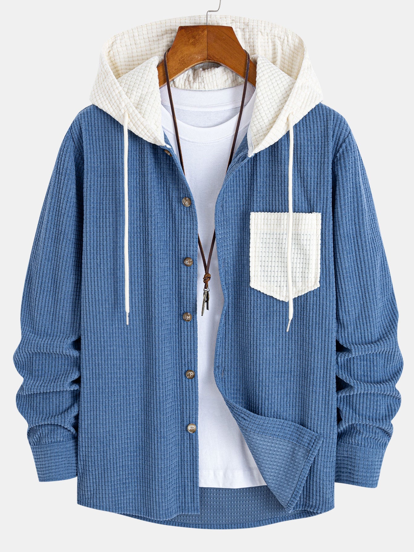 Long Sleeved Waffle Corduroy Contrast Hooded Shirt