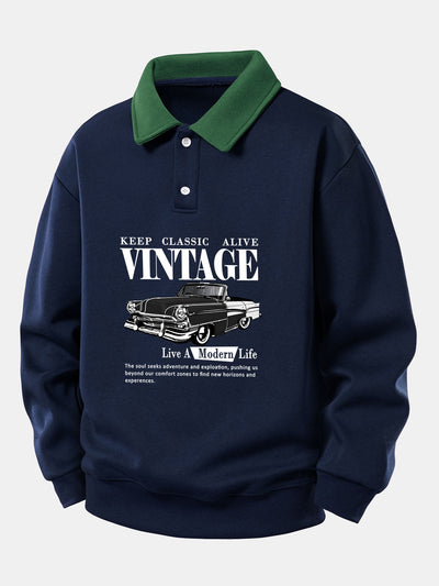 Relax Fit Vintage Car Print Contrast Polo Sweatshirt