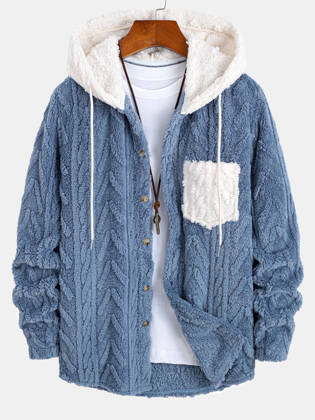 Contrast Geometric Jacquard Teddy Hooded Shirt