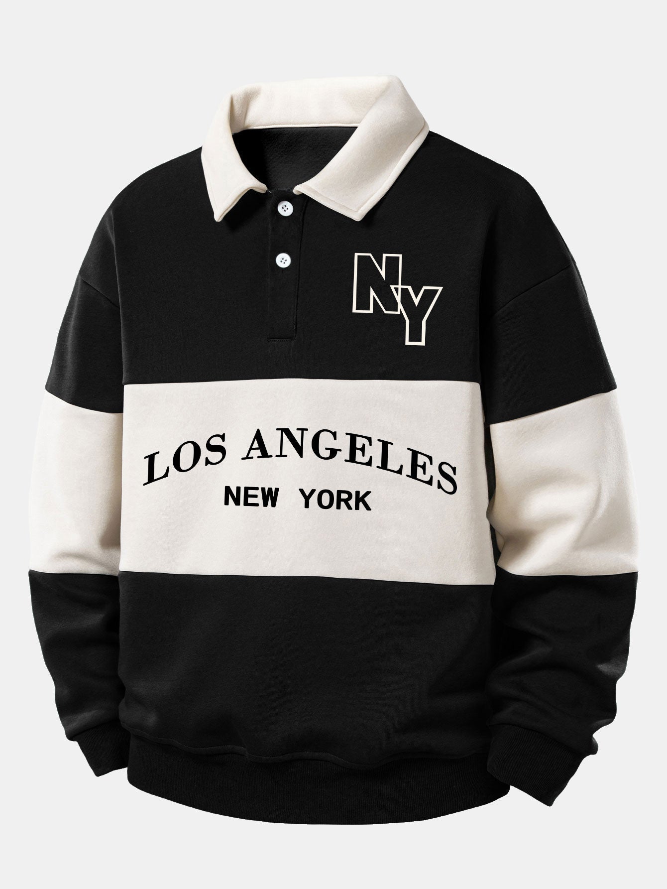 Relax Fit Los Angeles Print Color Block Polo Collar Sweatshirt