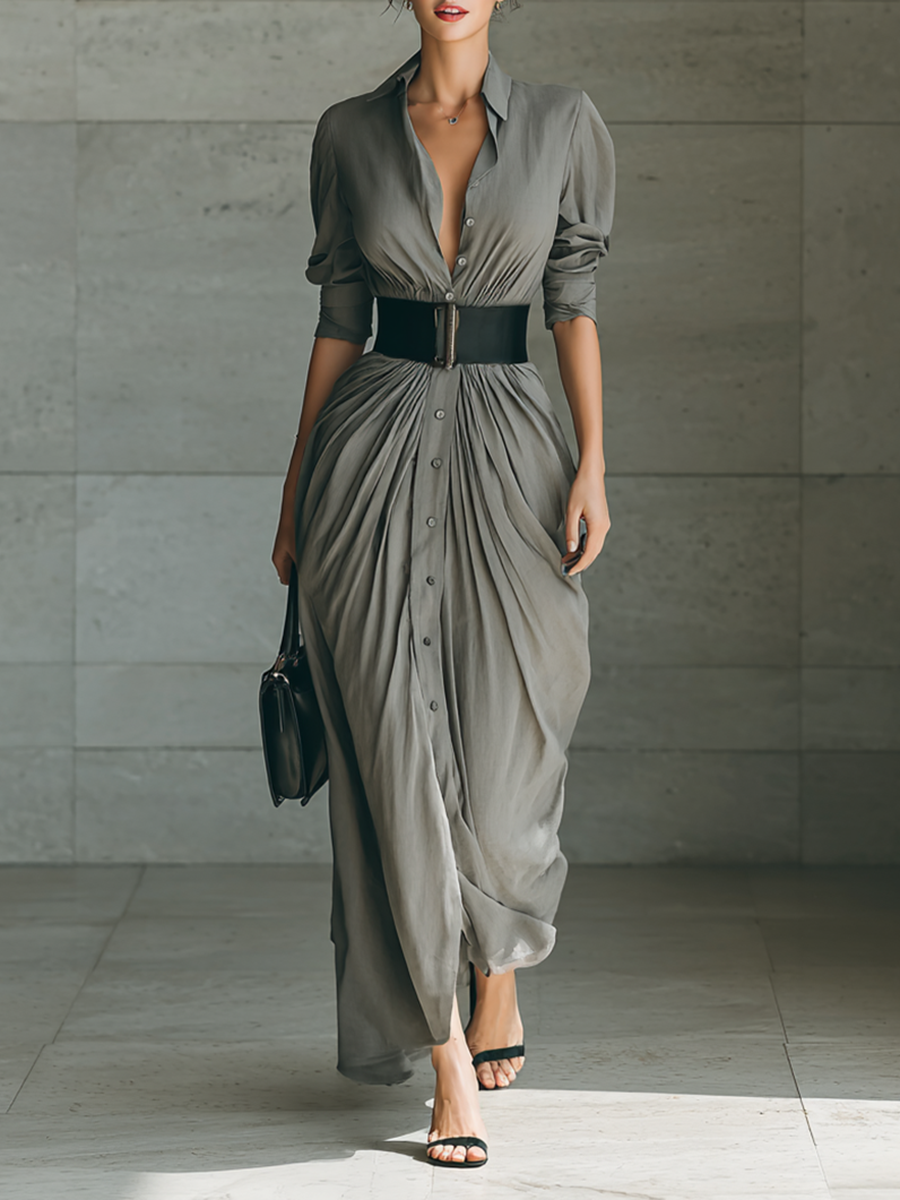 Maxi Dress with Notch Collar and Long Sleeves