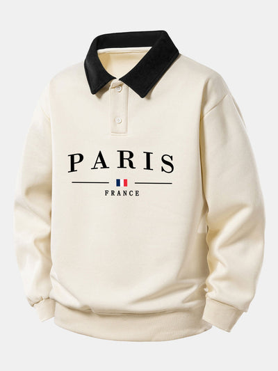 Relax Fit Paris France Print Contrast Polo Sweatshirt
