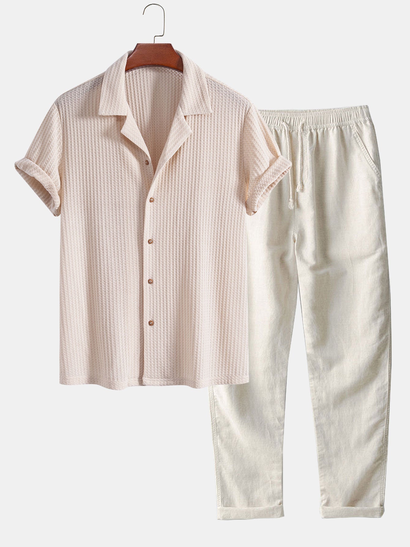 Riviera Knitted Waffle Cuban Shirt & Straight Leg Linen Pants Set