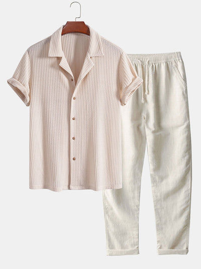 Riviera Knitted Waffle Cuban Shirt & Straight Leg Linen Pants Set