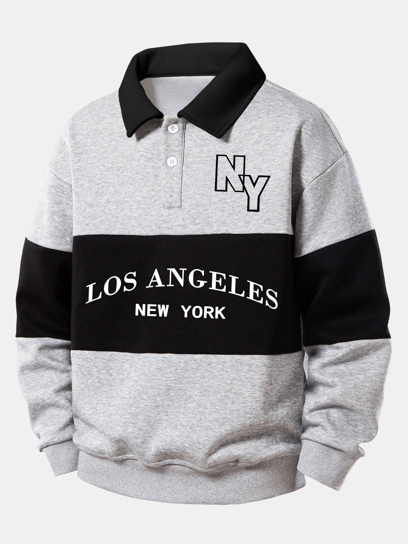 Relax Fit Los Angeles Print Color Block Polo Collar Sweatshirt