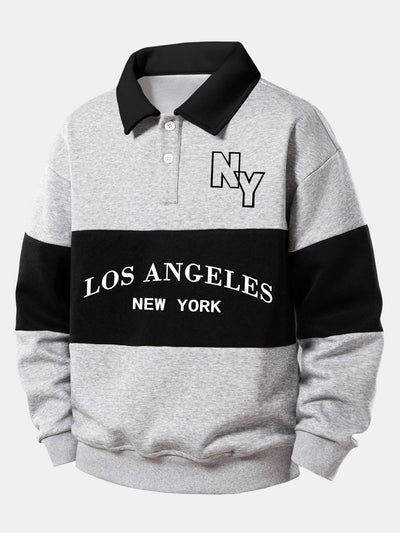 Relax Fit Los Angeles Print Color Block Polo Collar Sweatshirt