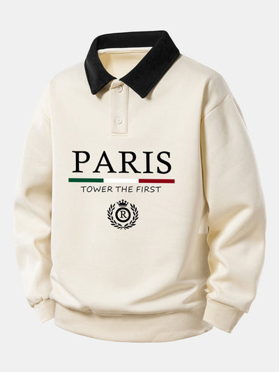 Relax Fit Paris Print Contrast Polo Sweatshirt