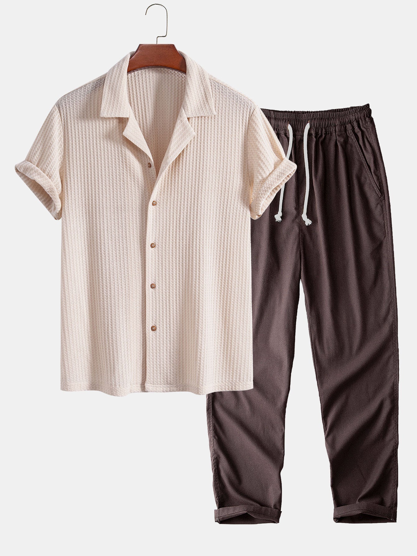 Riviera Knitted Waffle Cuban Shirt & Straight Leg Linen Pants Set
