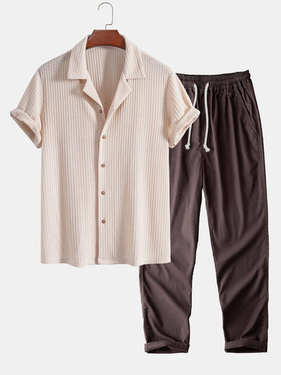 Riviera Knitted Waffle Cuban Shirt & Straight Leg Linen Pants Set