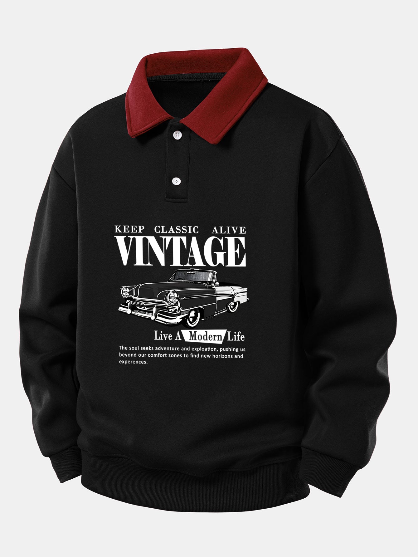 Relax Fit Vintage Car Print Contrast Polo Sweatshirt