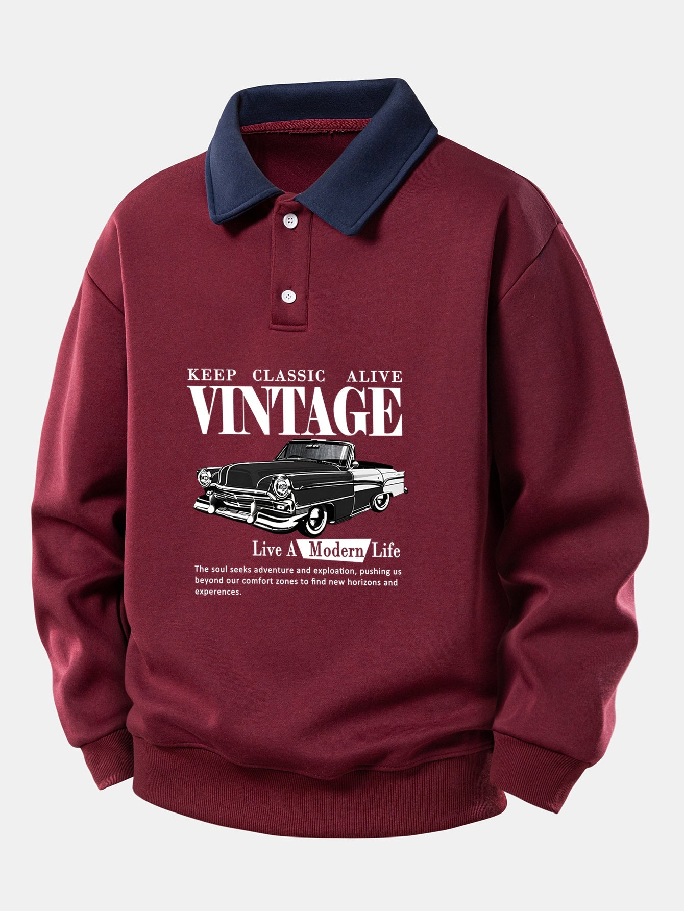 Relax Fit Vintage Car Print Contrast Polo Sweatshirt