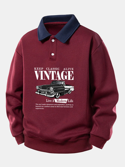 Relax Fit Vintage Car Print Contrast Polo Sweatshirt