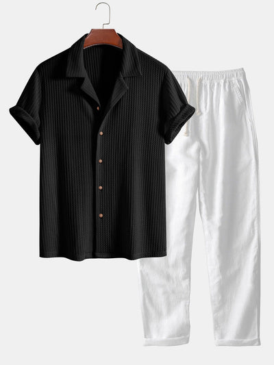 Riviera Knitted Waffle Cuban Shirt & Straight Leg Linen Pants Set
