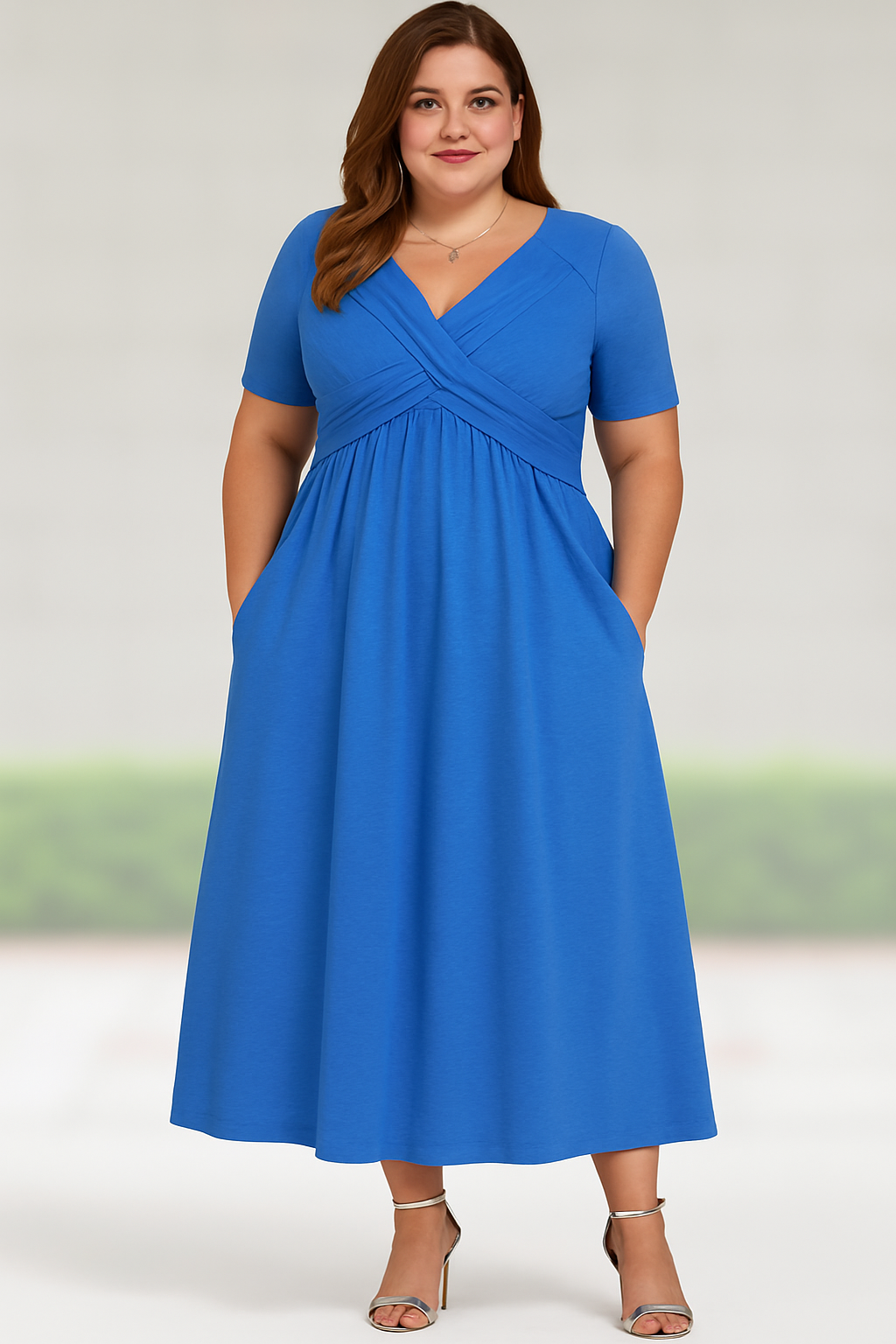 Ariana™ | Pleated V-neck Tummy Covering Midi Dress