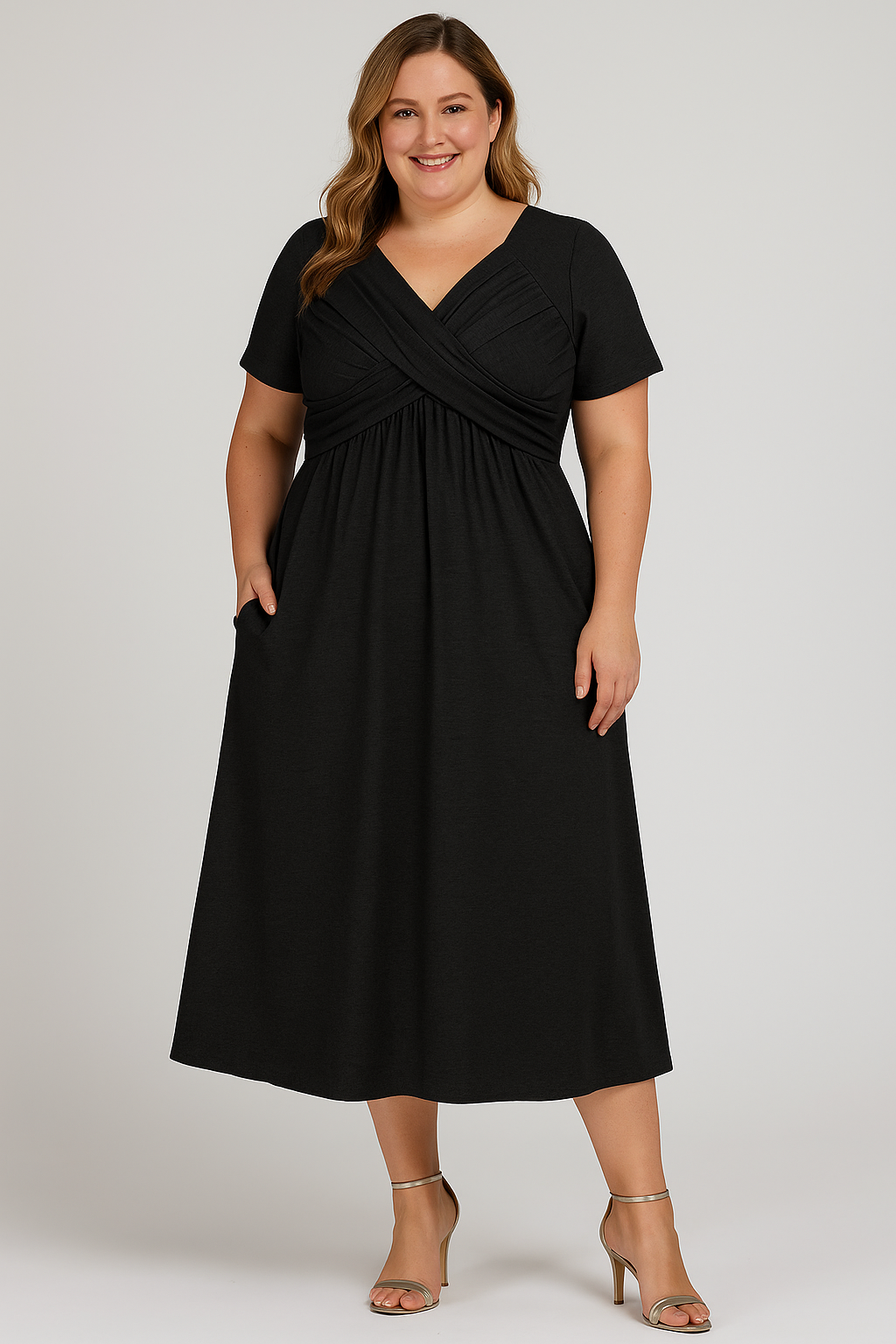 Ariana™ | Pleated V-neck Tummy Covering Midi Dress