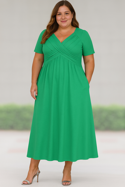 Ariana™ | Pleated V-neck Tummy Covering Midi Dress