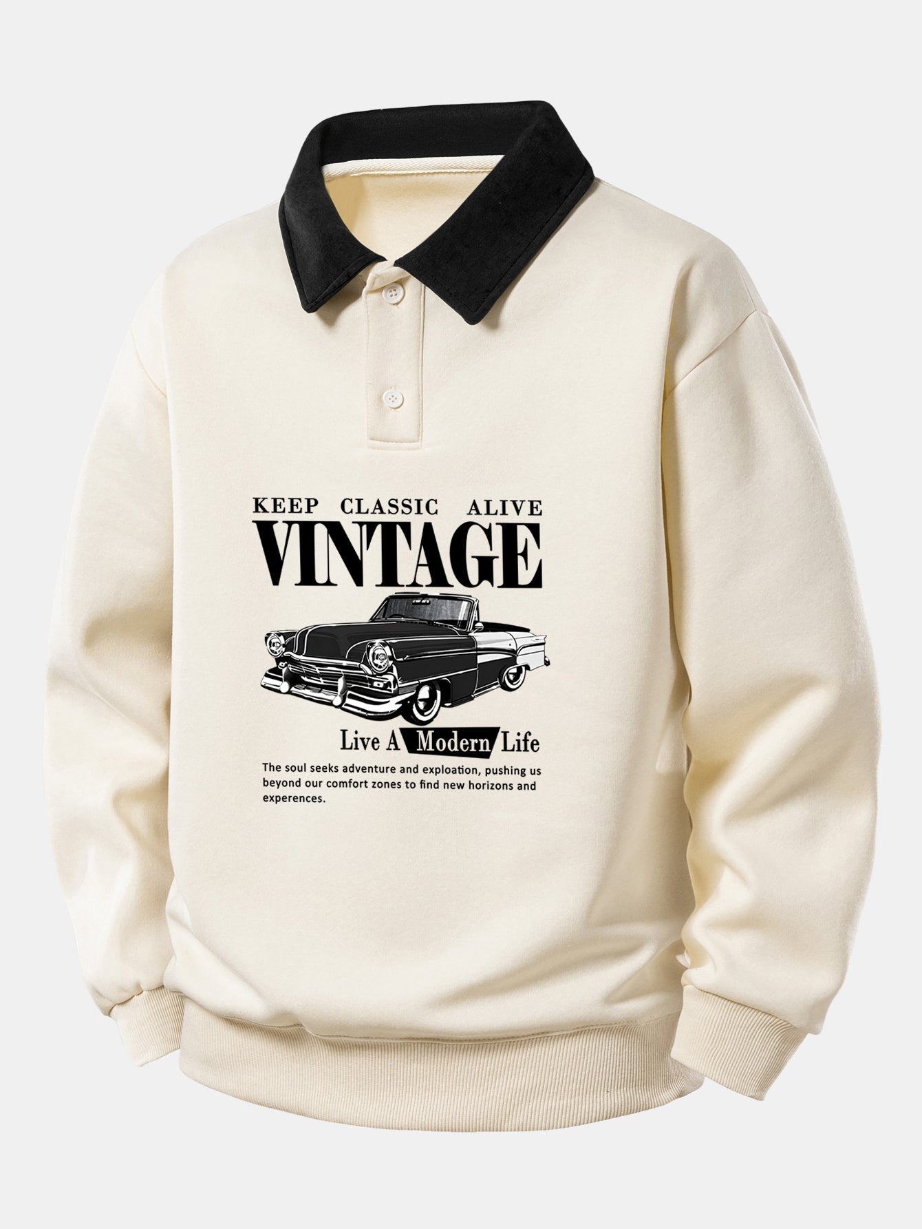 Relax Fit Vintage Car Print Contrast Polo Sweatshirt