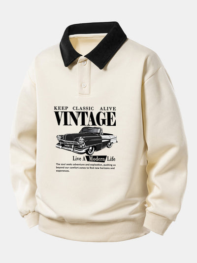 Relax Fit Vintage Car Print Contrast Polo Sweatshirt