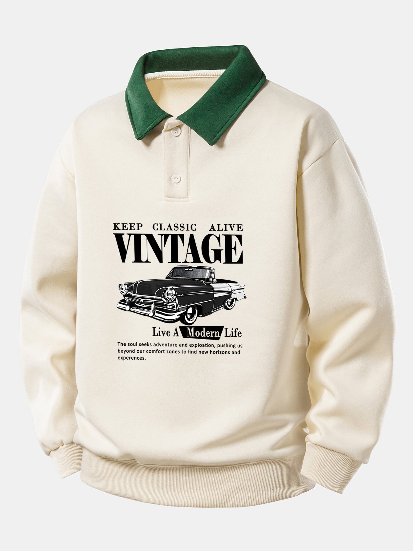 Relax Fit Vintage Car Print Contrast Polo Sweatshirt