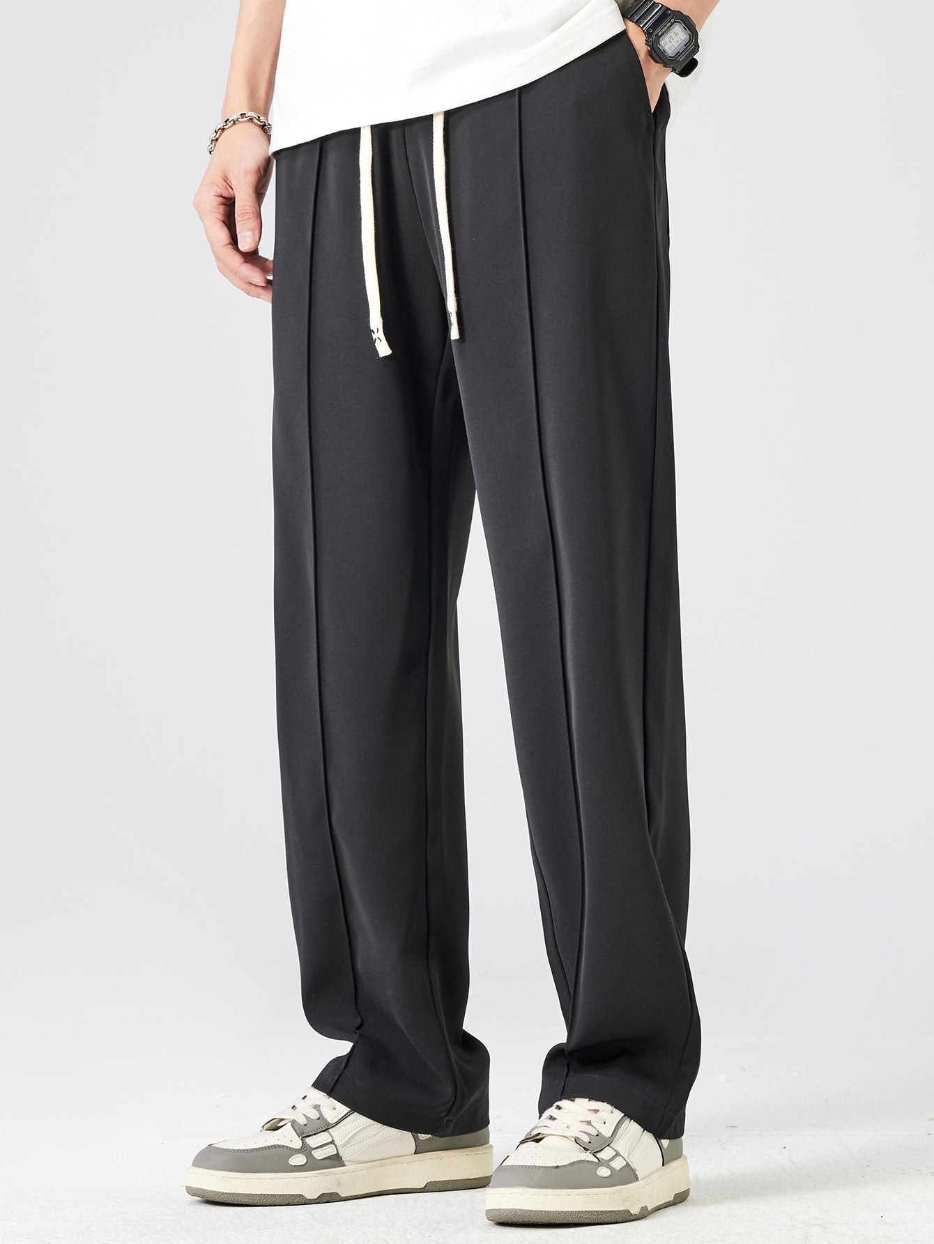 Raglan Sleeve 2 In 1 Waffle T-Shirt & Single Pleat Drawstring Straight Leg Pants