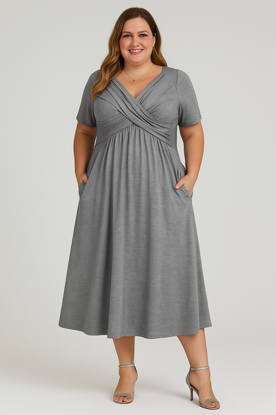 Ariana™ | Pleated V-neck Tummy Covering Midi Dress