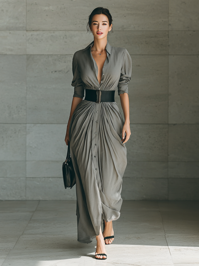 Maxi Dress with Notch Collar and Long Sleeves
