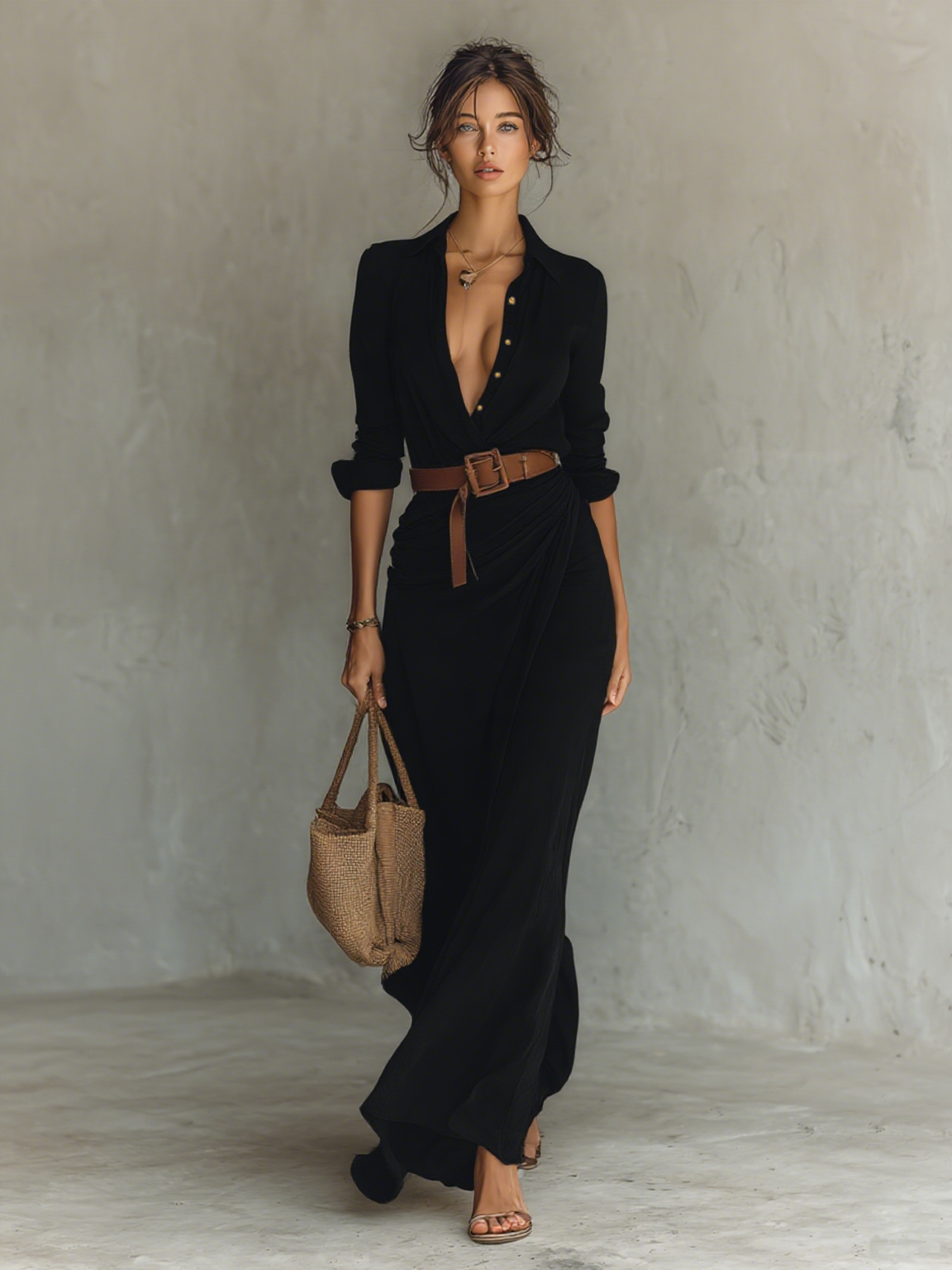Long Maxi Dress with Notched Collar and Included Belt