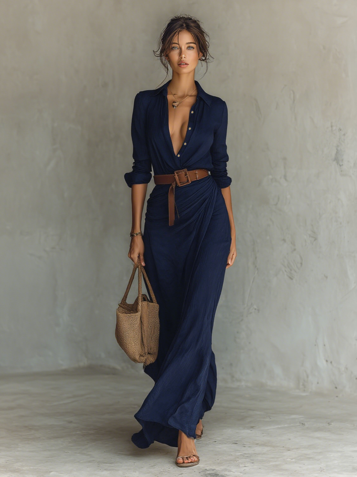 Long Maxi Dress with Notched Collar and Included Belt