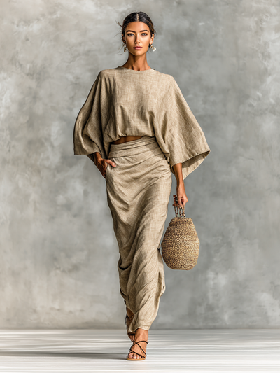 Two-Piece Set Long Skirt Batwing Sleeve in Cotton and Linen